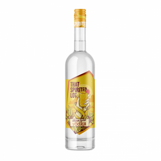 Paramount That Spirited Lot Citrus Twist Vodka 700ml bottle with label and clear glass, showcasing vibrant citrus-themed design.