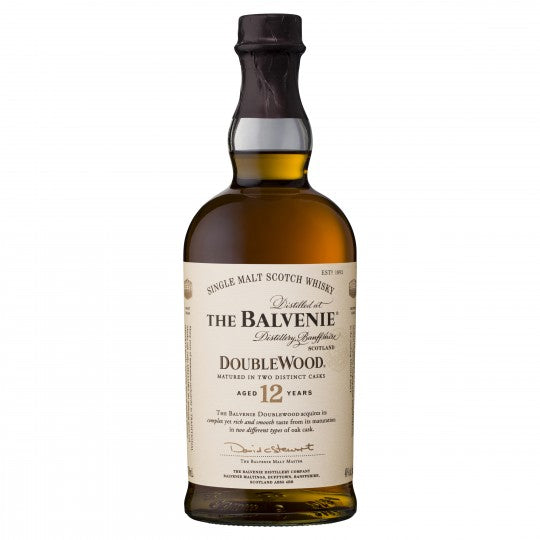 A 700ml bottle of The Balvenie 12 Year Old DoubleWood single malt Scotch whisky by Paramount, featuring a clear label and amber liquid.