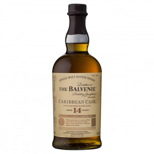 Paramount single malt whiskey bottle, The Balvenie 14 Year Old Caribbean Cask, 700ml, with distinctive label and packaging.