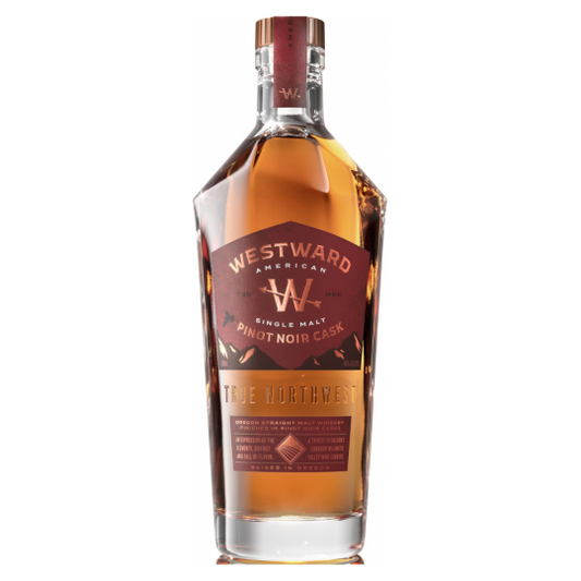 Paramount Westward American Single Malt whisky in a 700mL bottle, aged in Pinot Noir casks, with a dark amber liquid visible.