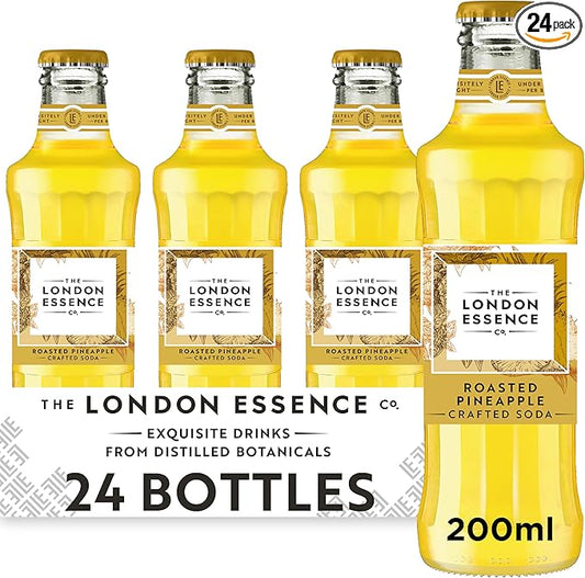 Paramount London Essence Co. Roasted Pineapple Soda Water 200ml bottles in a pack of 24, showcasing clear glass bottles with labels.