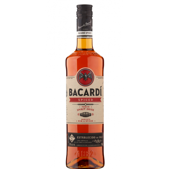 Paramount Bacardi Spiced Rum 700mL bottle with dark amber liquid and label featuring the Bacardi logo and spiced rum branding.