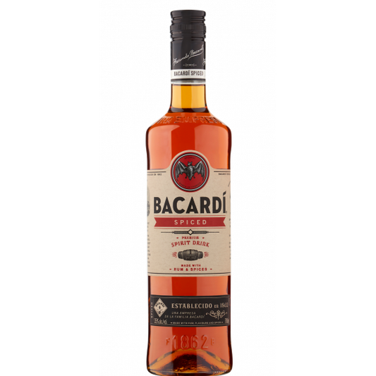 Paramount Bacardi Spiced Rum 700mL bottle with dark amber liquid and label featuring the Bacardi logo and spiced rum branding.