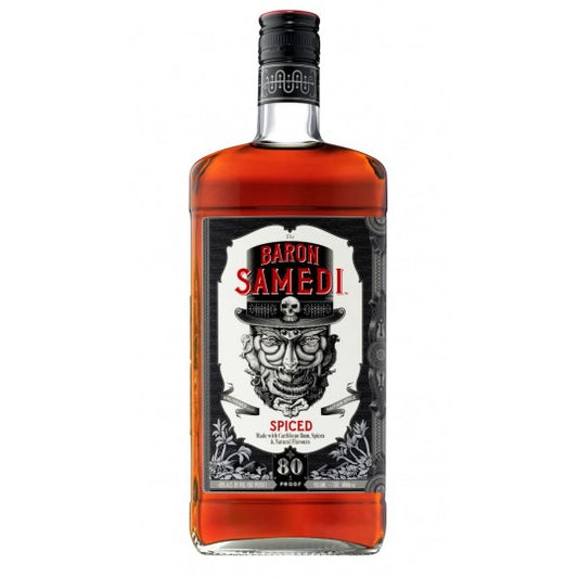 Baron Samedi Paramount Spiced Rum 700ml bottle with dark liquid and label featuring a mysterious figure and vibrant design.
