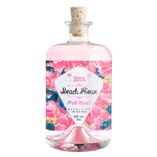 Paramount Beach House Pink Spiced Rum bottle with pink label, 700ml, 40% alcohol, featuring a tropical beach scene.