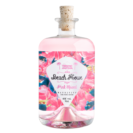 Paramount Beach House Pink Spiced Rum bottle with pink label, 700ml, 40% alcohol, featuring a tropical beach scene.