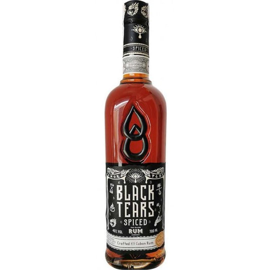 Black Tears Dry Spiced Rum bottle by Paramount, 700mL with dark liquid and label featuring black and gold design.