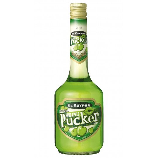Paramount De Kuyper Sour Apple Pucker spirits bottle, 700ml with green and white label, showcasing the fruity liqueur inside.