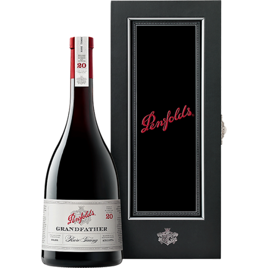 Paramount Penfolds Grandfather Tawny Port in a 750mL gift box, showcasing the bottle and elegant packaging.