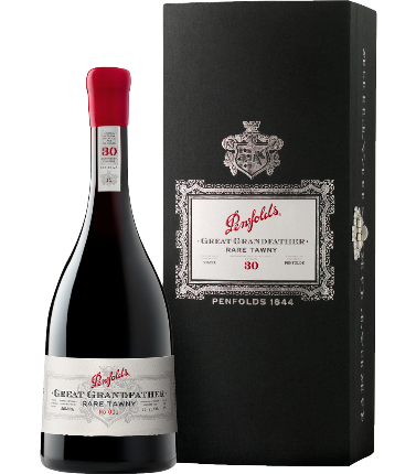 Paramount Penfolds Great Grandfather Rare Tawny Port in 750mL gift box, featuring rich amber color and elegant packaging.