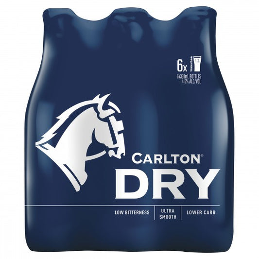 24-pack of Carlton Dry 330mL bottles, a traditional beer by Paramount, displayed in a clear view of the individual bottles.
