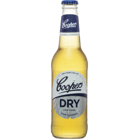 Paramount Coopers Dry Bottle 355mL traditional beer in a clear glass bottle with a brown label and gold cap.