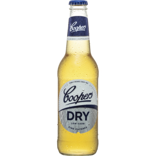 Paramount Coopers Dry Bottle 355mL traditional beer in a clear glass bottle with a brown label and gold cap.