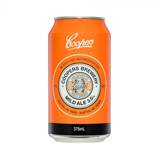 24-pack of Paramount Coopers Mild Ale cans, 375ml each, traditional beer with golden color and crisp brewing appearance.
