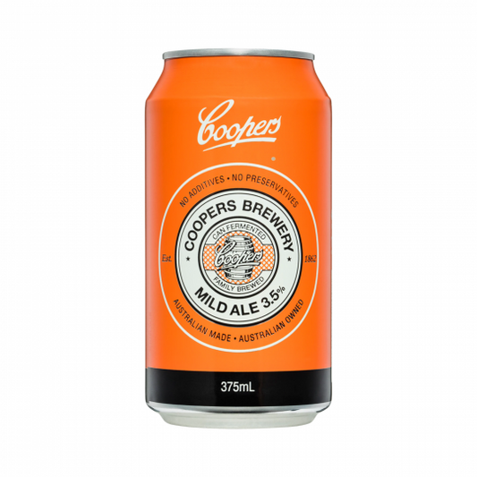 24-pack of Paramount Coopers Mild Ale cans, 375ml each, traditional beer with golden color and crisp brewing appearance.
