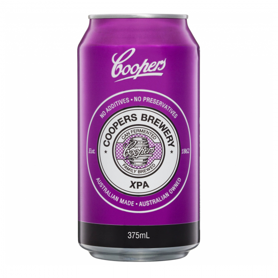 24-pack of Paramount Coopers XPA cans, 375ml each, traditional beer with golden color and crisp, refreshing appearance.