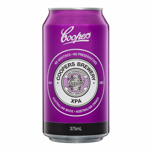 24-pack of Paramount Coopers XPA cans, 375ml each, traditional beer with golden color and crisp, refreshing appearance.