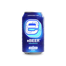 Pack of 24 Paramount eBEER Supercharged Lager 375ml cans, traditional beer with gold and blue branding, side view