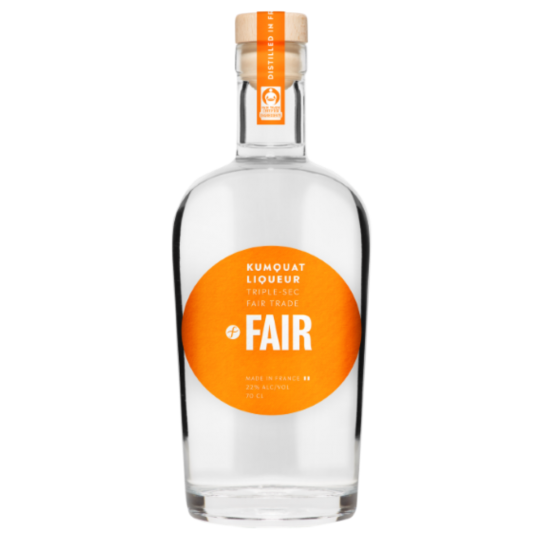 Bottle of Paramount Fair Kumquat Triple Sec Liqueur 700mL, orange-flavored triple sec with bright orange label and clear glass bottle