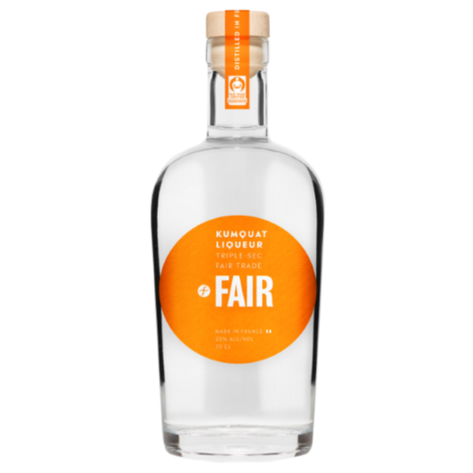 Bottle of Paramount Fair Kumquat Triple Sec Liqueur 700mL, orange-flavored triple sec with bright orange label and clear glass bottle