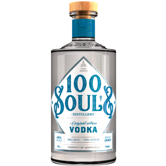 Bottle of Paramount 100 Souls Artisan Vodka 700ml with clear glass and label, showcasing premium vodka branding and packaging.