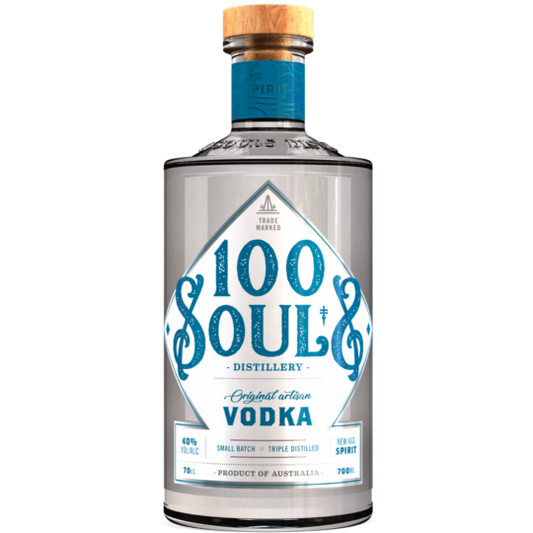Bottle of Paramount 100 Souls Artisan Vodka 700ml with clear glass and label, showcasing premium vodka branding and packaging.