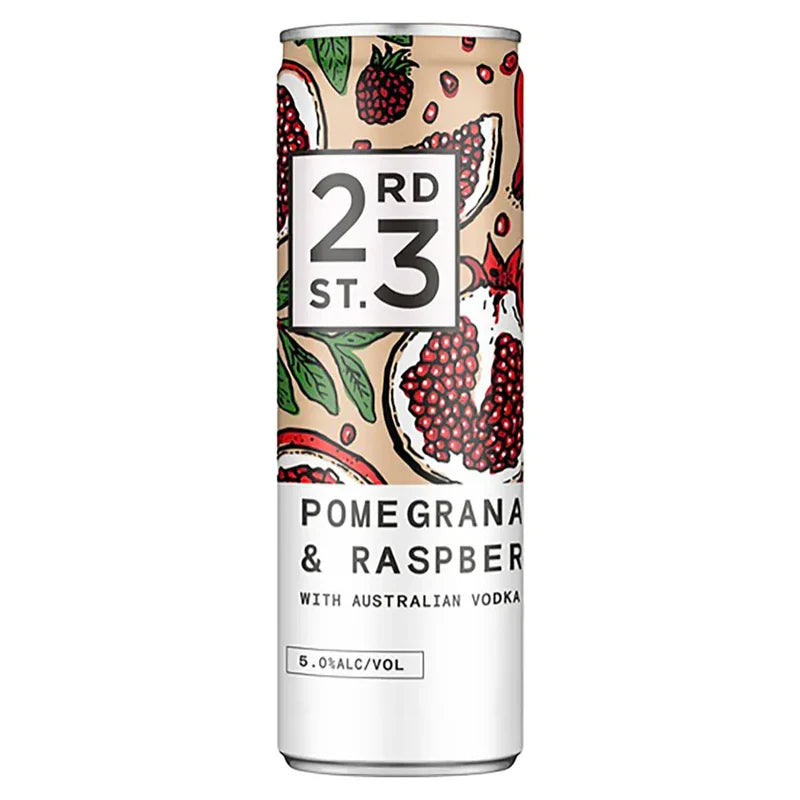 24 cans of Paramount 23rd Street Pomegranate & Raspberry Vodka in 300ml aluminum cans, stacked with colorful label designs.