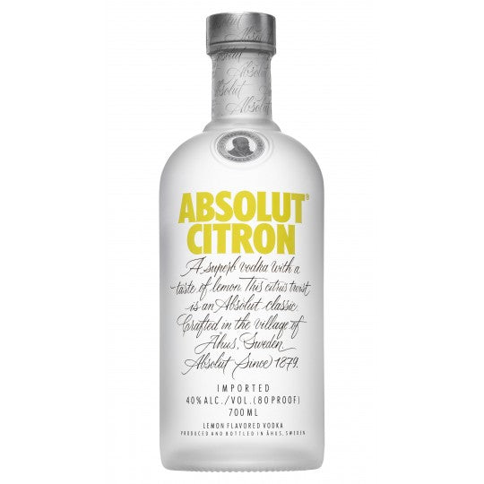Paramount Absolut Citron Vodka 700ml bottle with clear glass and yellow lemon label, standing upright.
