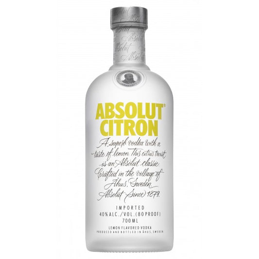 Paramount Absolut Citron Vodka 700ml bottle with clear glass and yellow lemon label, standing upright.