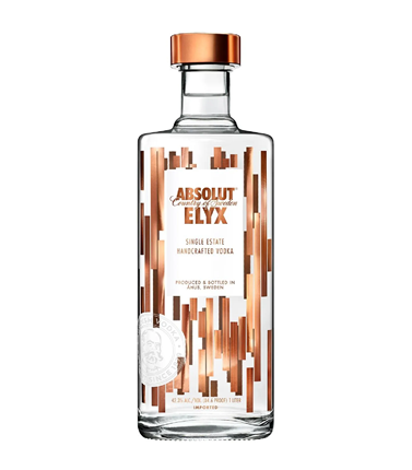 Clear glass bottle of Absolut Elyx vodka 1 liter from Paramount, with a sleek label and silver cap on a white background.