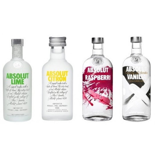 Paramount Absolut Flavours vodka miniatures 4-pack with assorted flavored bottles in a clear display box.