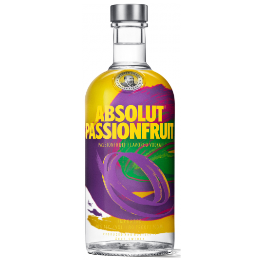 Paramount Absolut Vodka Passionfruit 700ml bottle with vibrant label and clear glass showcasing the vodka inside.