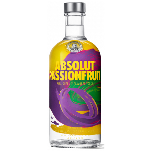 Paramount Absolut Vodka Passionfruit 700ml bottle with vibrant label and clear glass showcasing the vodka inside.