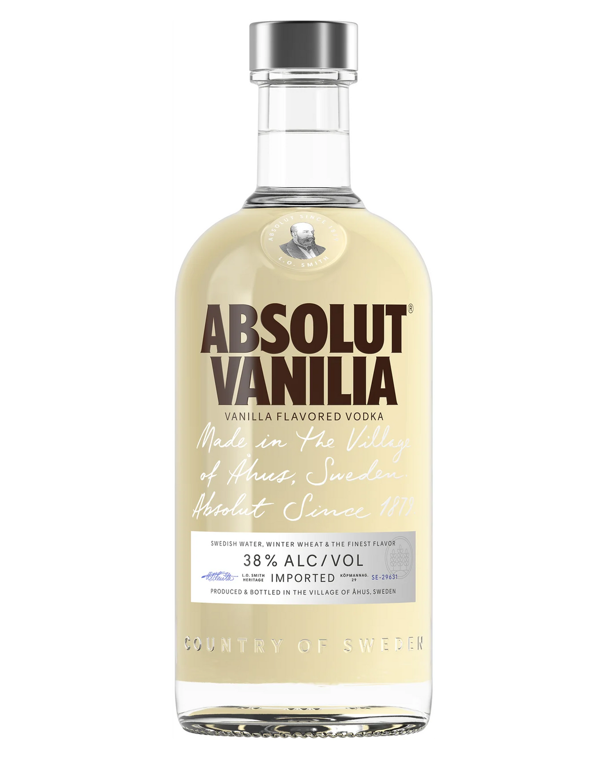 Bottle of Paramount Absolut Vodka Vanilla 700ml with clear label and sleek design on a white background.