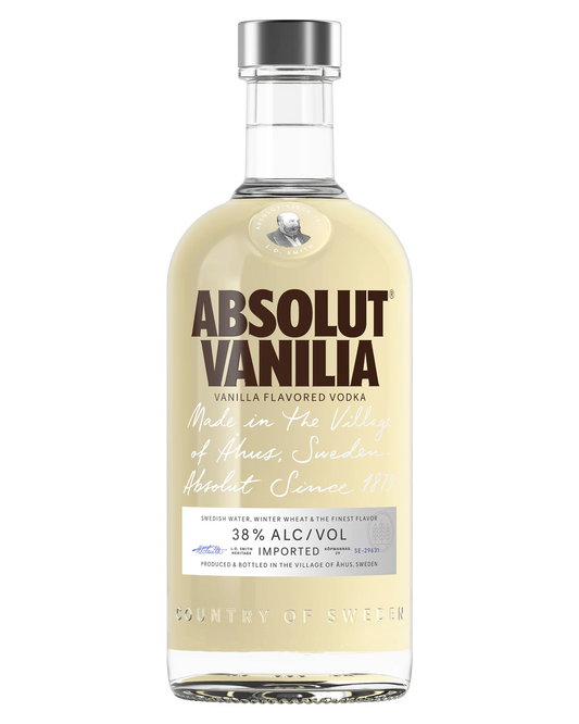 Bottle of Paramount Absolut Vodka Vanilla 700ml with clear label and sleek design on a white background.
