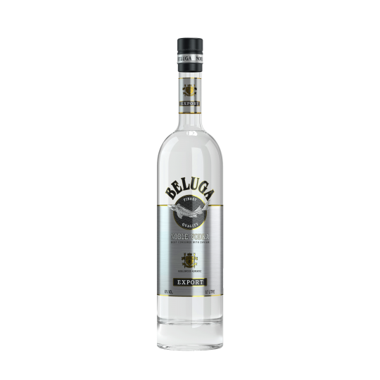 Bottle of Beluga Noble Vodka 700ml by Paramount, clear glass bottle with a minimalist label and silver cap.
