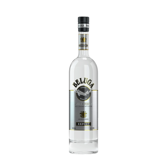Bottle of Beluga Noble Vodka 700ml by Paramount, clear glass bottle with a minimalist label and silver cap.