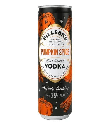 Paramount Billson's Pumpkin Spice Vodka cans, 355ml each, pack of 24, featuring pumpkin spice flavor and premium vodka quality.