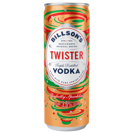 Pack of 24 Paramount Billson's Vodka with blackcurrant flavor bottles, 355ml each, featuring clear labels and dark liquid inside.