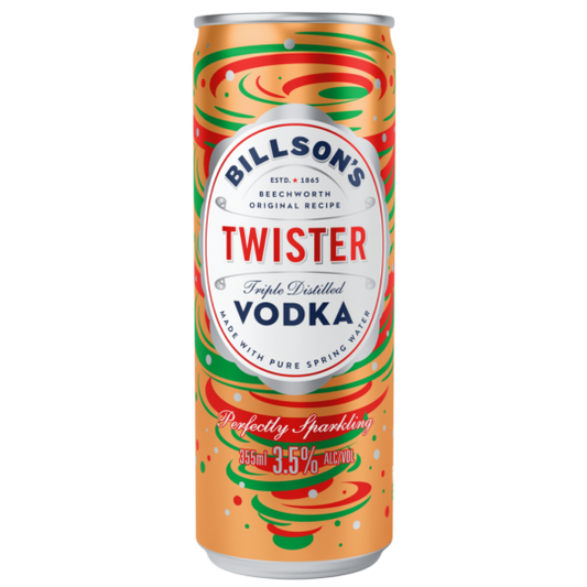 Pack of 24 Paramount Billson's Vodka with blackcurrant flavor bottles, 355ml each, featuring clear labels and dark liquid inside.