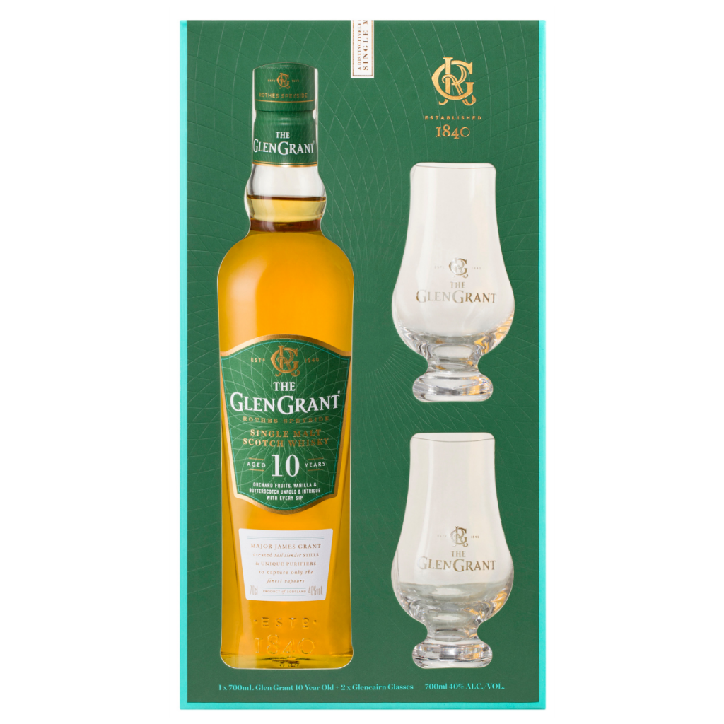 Paramount Glen Grant 10 Year Old Gift Pack Single Malt Whisky 700ml bottle with packaging, showcasing the whisky and gift box.