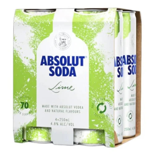 Paramount Absolut Vodka Lime & Soda premix cans, 250ml each, pack of 24, refreshing vodka soda beverage in aluminum cans.