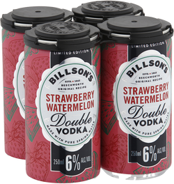 Paramount Billson's Double Vodka Strawberry & Watermelon premix, 250ml bottles, 24-pack, refreshing fruit-flavored vodka drink