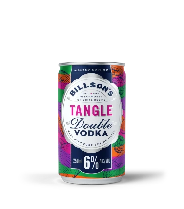 Pack of 24 Paramount Billson's Double Vodka & Tangle 250ml bottles, vodka and soda beverage in clear bottles with labels.