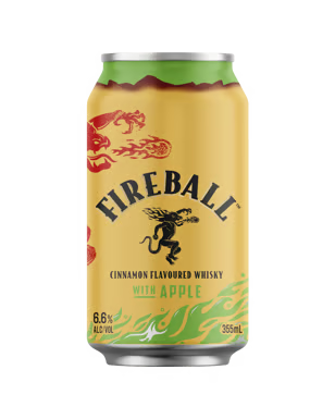 Paramount Fireball Cinnamon Whisky with Apple cans, 355mL each, 16-pack, premixed whiskey flavor and vibrant packaging.