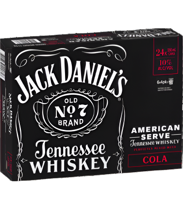 Paramount Jack Daniels Americans Serve & Cola whiskey premix 250ml cans, pack of 24, ready-to-drink beverage with cola flavor