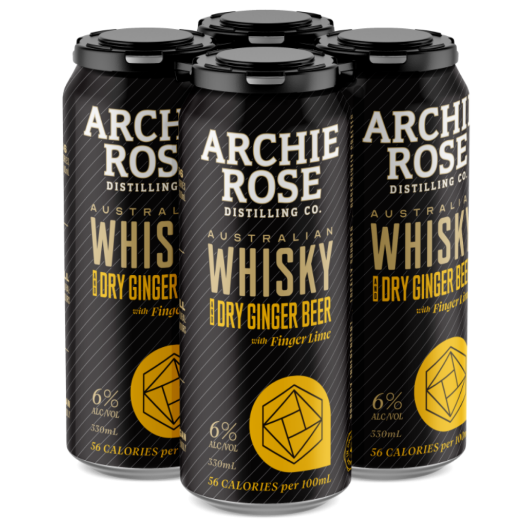 Paramount Archie Rose Double Malt Whisky with Dry Ginger Beer and Finger Lime in a 24-pack, showcasing bottles and fresh ingredients.