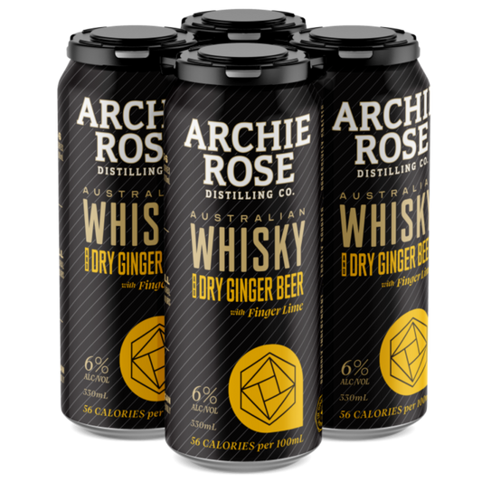 Paramount Archie Rose Double Malt Whisky with Dry Ginger Beer and Finger Lime in a 24-pack, showcasing bottles and fresh ingredients.