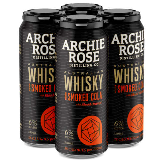 Paramount Archie Rose Double Malt Whisky with Smoked Cola and Blood Orange cans, 330ml, showcasing the beverage and cans.