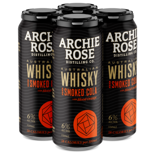 Paramount Archie Rose Double Malt Whisky with Smoked Cola and Blood Orange cans, 330ml, showcasing the beverage and cans.
